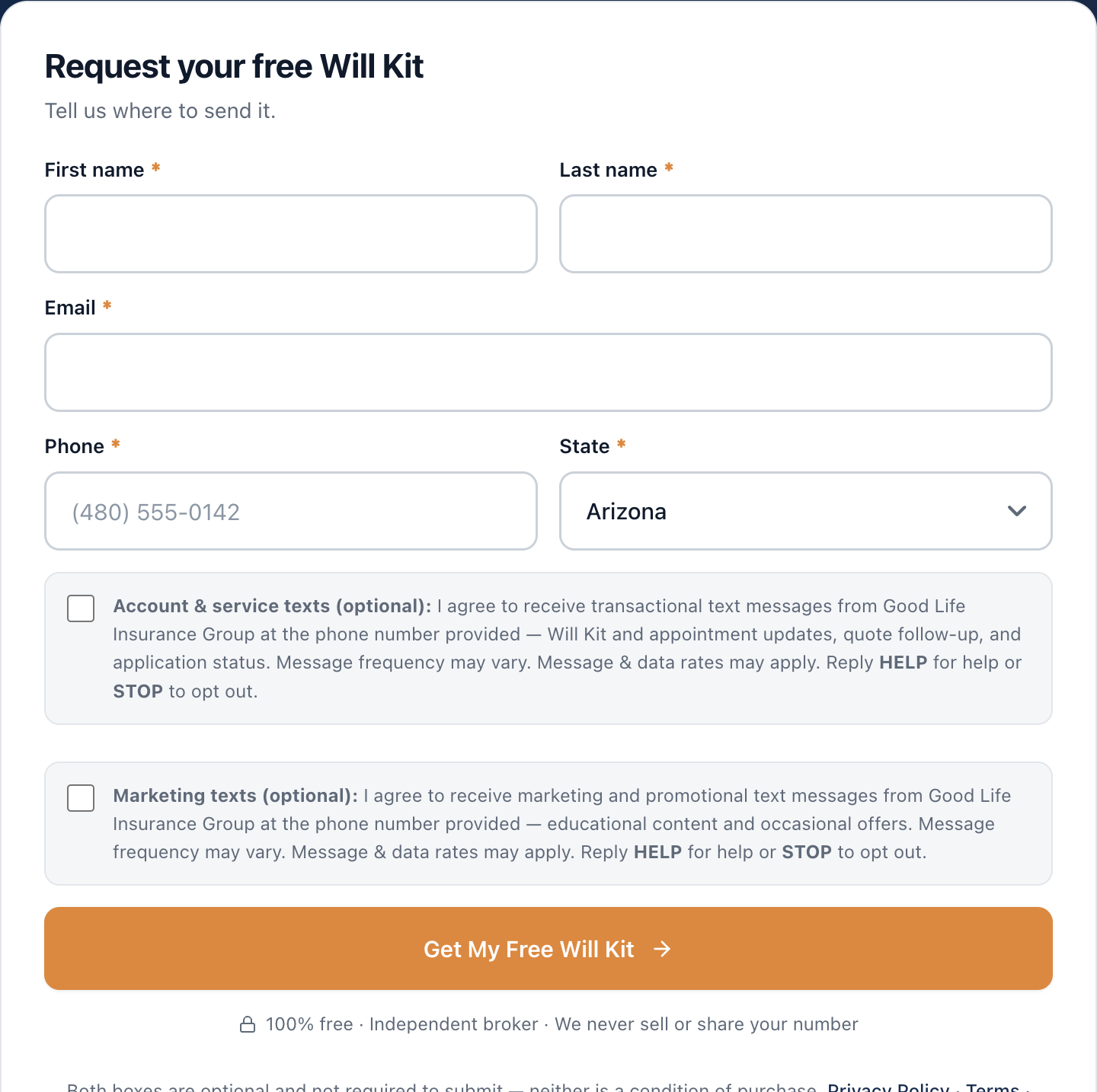 Live screenshot of the Will Kit opt-in form at goodlifeinsurancegroup.com/will-kit. The form shows required First name, Last name, Email, Phone, and State fields, followed by two separate unchecked-by-default SMS consent checkboxes — one for account & service (transactional) texts and one for marketing texts — then a submit button labeled 'Get My Free Will Kit', with Privacy Policy, Terms, and TCPA Disclosure links beneath.