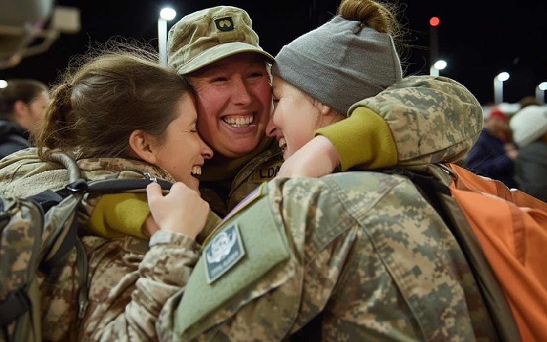 Returning service member embracing her family at a joyful homecoming